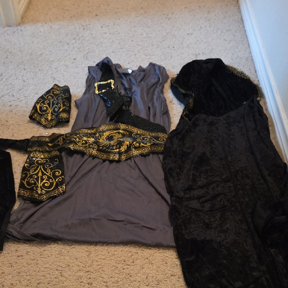 Elegant Black and Gold Huntress Costume Set (Tunic, Belt, Arm Bands, Cape)